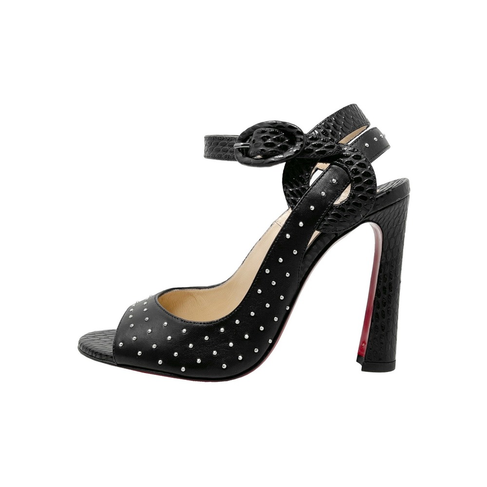 Christian Louboutin Loopinga 100 Sandals Black‎ Studded Block Heel 36.5